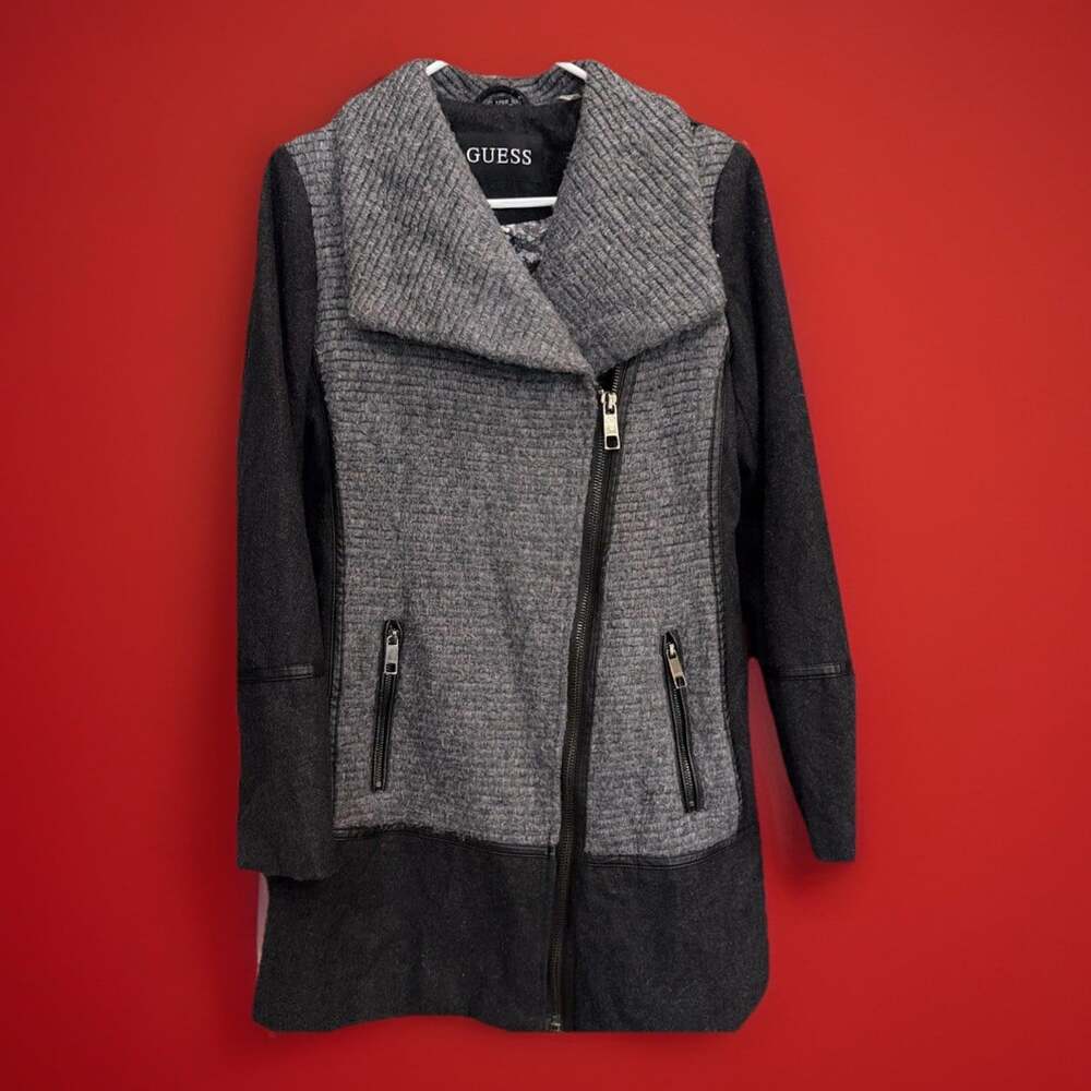 Y2K Wool Asymmetrical black W/faux Leather Trim Peacoat Moto Grunge S